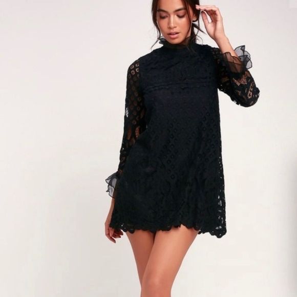 Loveriche Lace Long Sleeve Ruffled Shift Dress Black Medium 💗 - Picture 11 of 11